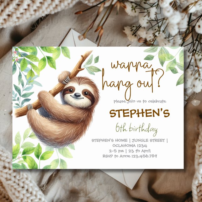 Wanna hang out? sloth kids birthday invitation (Creator Uploaded)