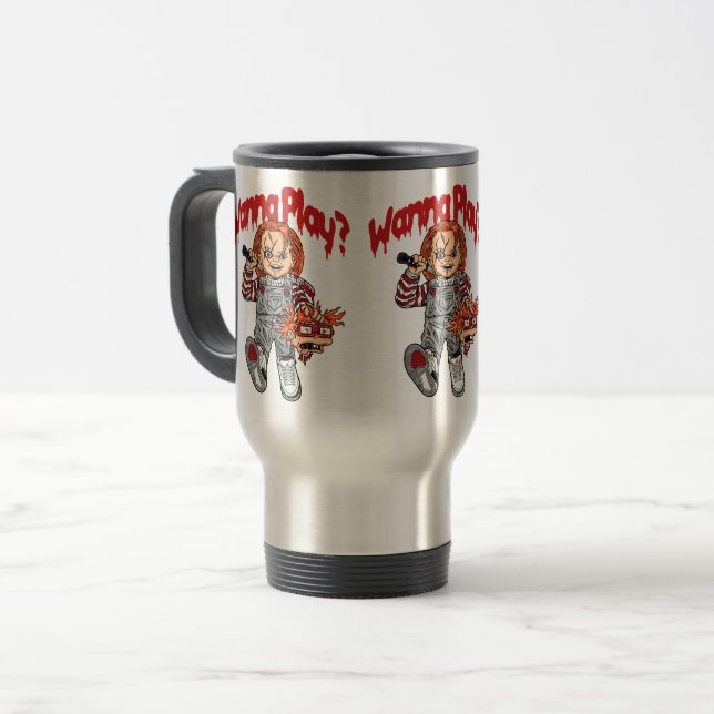 Wanna Play?” horror Travel Mug (Front Left)