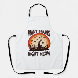 Want Brains Right Meow Halloween Black Cat Orange Apron