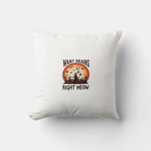 Want Brains Right Meow Halloween Black Cat Orange Cushion