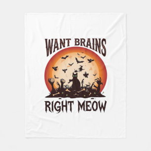 Want Brains Right Meow Halloween Black Cat Orange Fleece Blanket