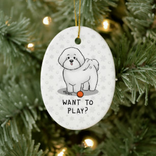 Want to Play? Bichon Frise Dog with Ball - Cute Ceramic Tree Decoration