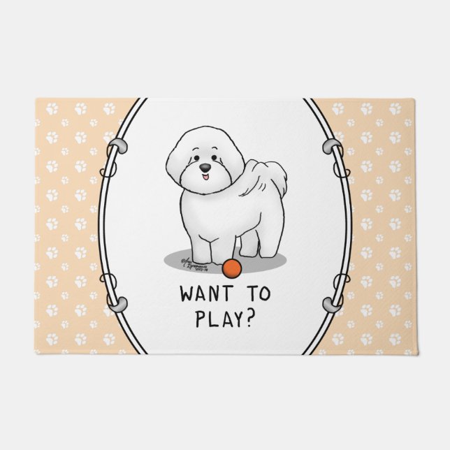 Want to Play? Bichon Frise Dog with Ball - Cute Doormat (Front)