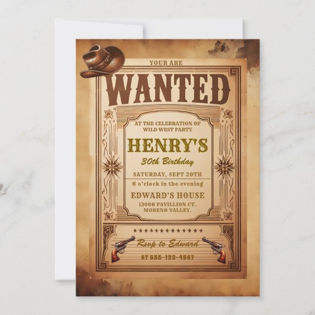 Wanted Birthday Invitation, Country Western Adult Invitation (Front)