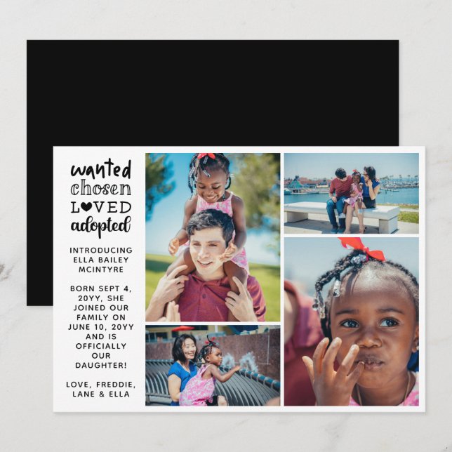 Wanted Chosen Loved Adopted 4 Photo Collage Announcement (Front/Back)