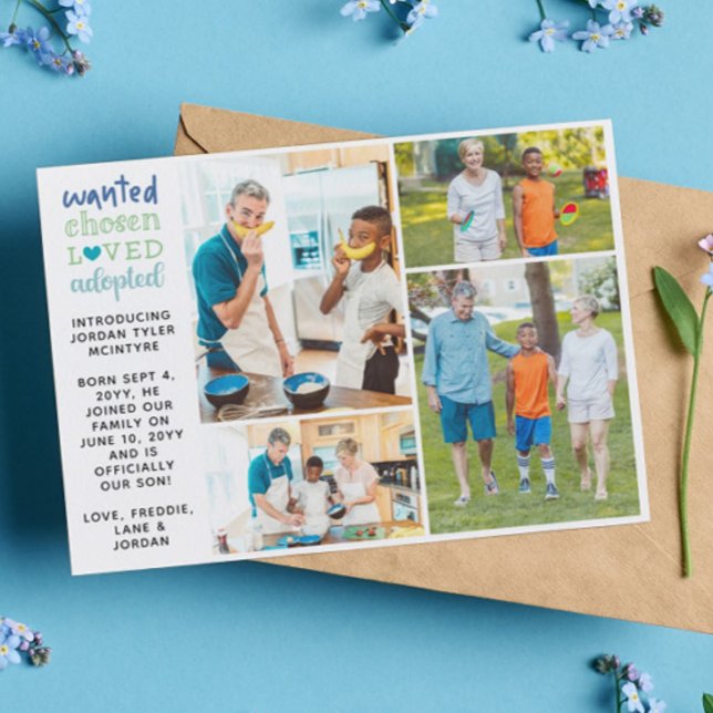 Wanted Chosen Loved Adopted Blue Photo Collage Announcement (Creator Uploaded)
