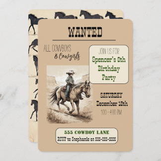 WANTED Cowboy Birthday Party - Riding Cowboy Invitation