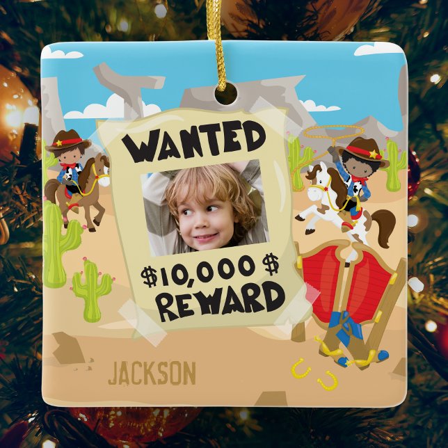 Wanted Cowboy with Photo and Name, Boy Christmas Ceramic Ornament (Creator Uploaded)