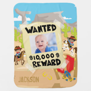 Wanted Cowboy with Photo and Name, Little Boy Baby Blanket
