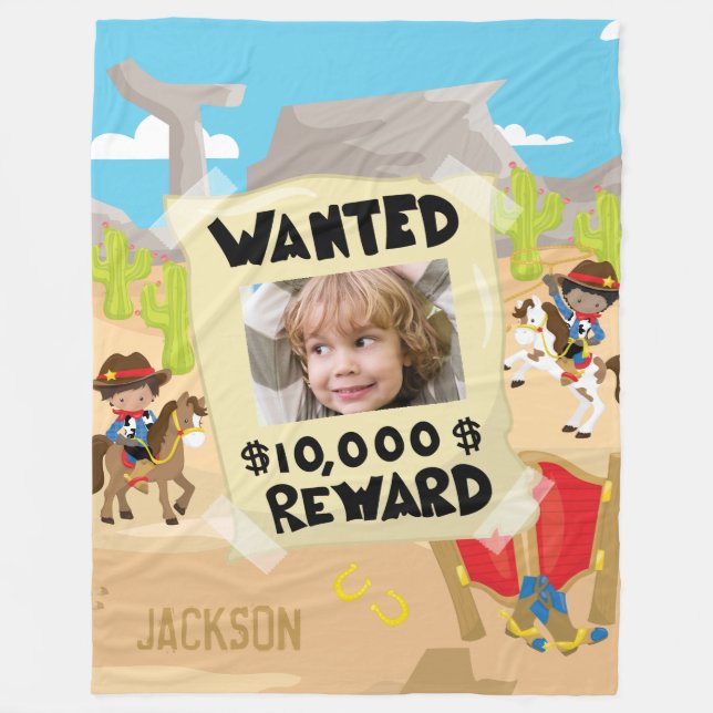 Wanted Cowboy with Photo and Name, Little Boy Fleece Blanket (Front)