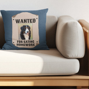 Wanted For Eating Homework Custom Dog Photo Cushion