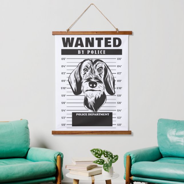 Wanted Mugshot of Long Haired Dachshund Hanging Tapestry (Living Room)