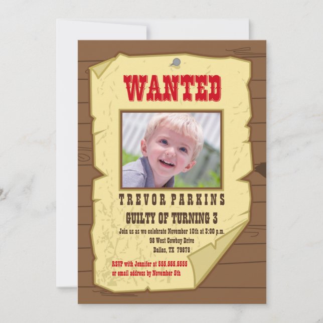 Wanted photo poster cowboy birthday party invite (Front)
