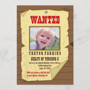 Wanted photo poster cowboy birthday party invite