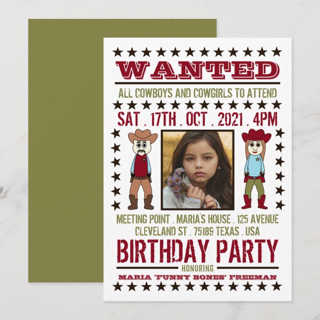 Wanted Poster, Cartoon Western Birthday Invitation (Front/Back)