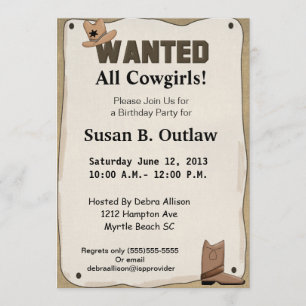 Wanted Poster Cowgirl Birthday Invitation