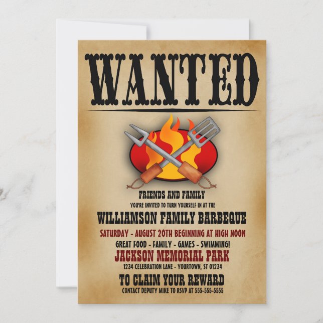 Wanted Poster Family Barbeque Invitations (Front)