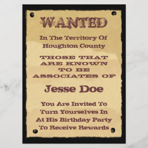 Wanted Poster Invitations to Western Themed Party