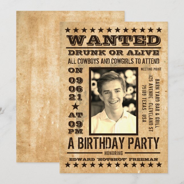 Wanted Poster, Vintage Western Birthday Invitation (Front/Back)