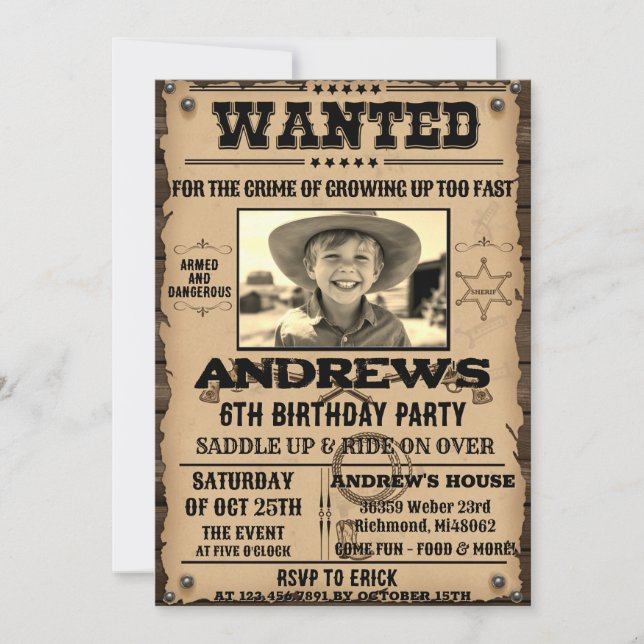 Wanted Poster Western Cowboy with Photo Birthday  Invitation (Front)