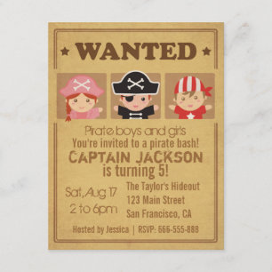 Wanted Vintage Poster Pirates Boys and Girls Party Invitation
