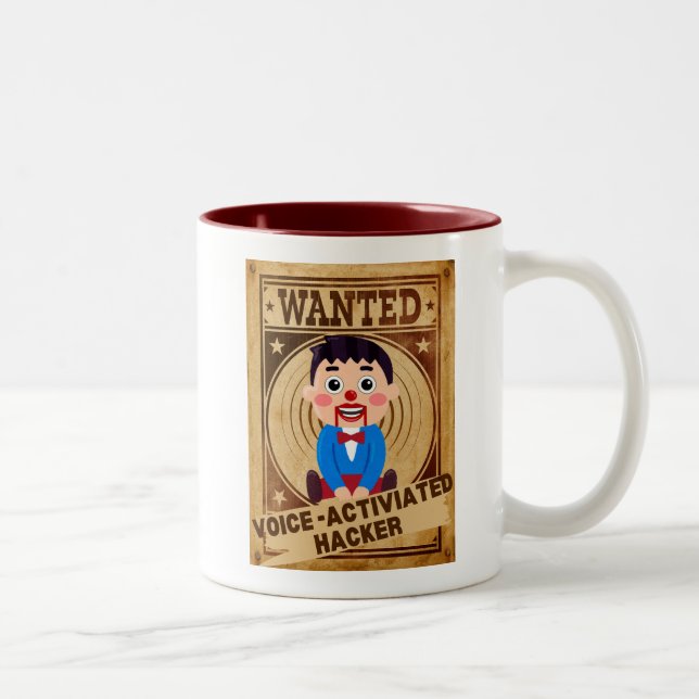Wanted Voice-Activated Ventriloquist Hacker Two-Tone Coffee Mug (Right)