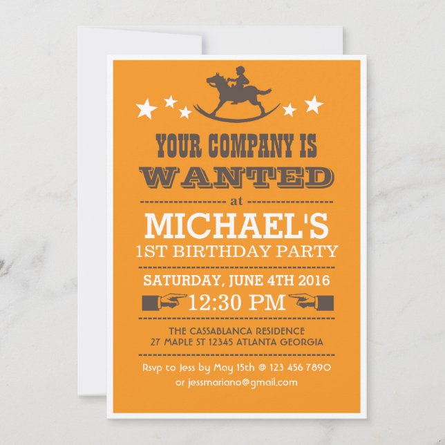 Wanted Western Cowboy Birthday Invitation for Boys (Front)