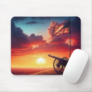 War Cannon With American Flag At Sunset Mouse Mat