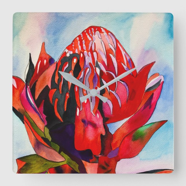 Waratah Australian native flower watercolor Square Wall Clock (Front)