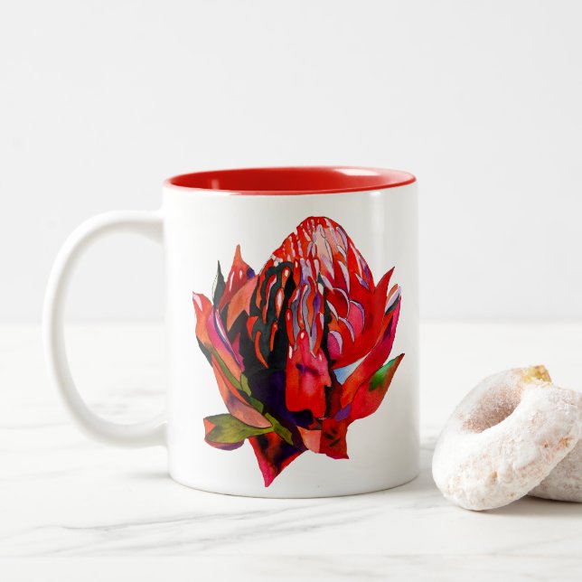 Waratah Australian native flower watercolor Two-Tone Coffee Mug (With Donut)