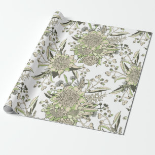 Waratah & Gumnut Eucalyptus - Green And White Wrapping Paper
