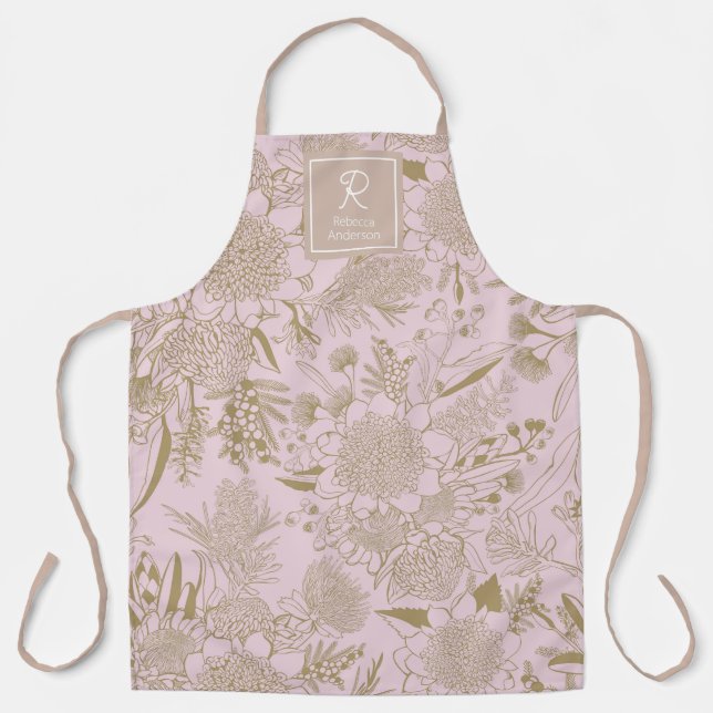 Waratah & Gumnut Eucalyptus Pattern - Dusty Pink Apron (Front)