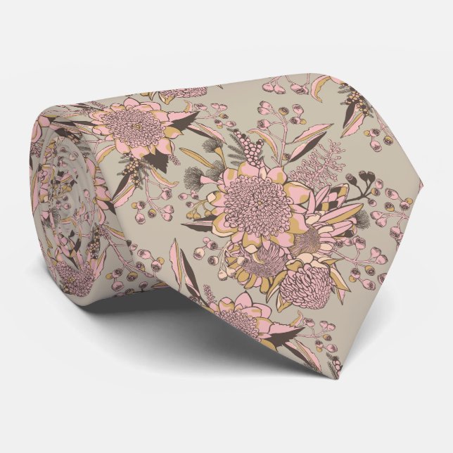 Waratah & Gumnut Eucalyptus Pattern - Vintage Pink Tie (Rolled)