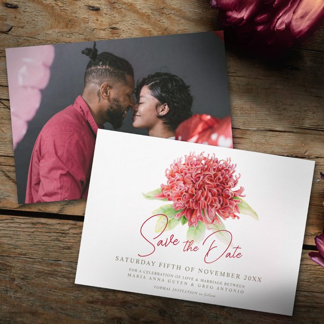 Waratah red flower watercolor photo wedding save the date (Creator Uploaded)
