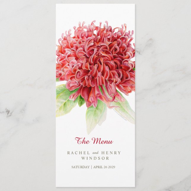 Waratah red flowers native Australian wedding menu (Front)