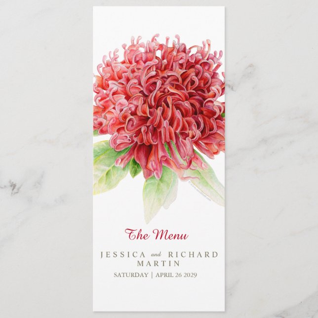 Waratah red flowers wedding menu (Front)