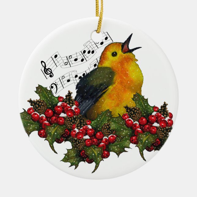 Warbler in Snow With Christmas Holly: Art Ceramic Tree Decoration (Front)