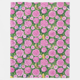 warblers and peonies fleece blanket