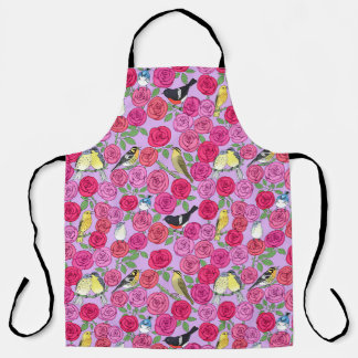 warblers and roses on lavender apron