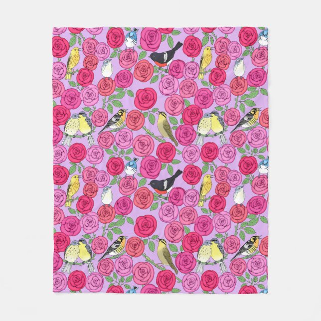 warblers and roses on lavender Fleece Blanket (Front)