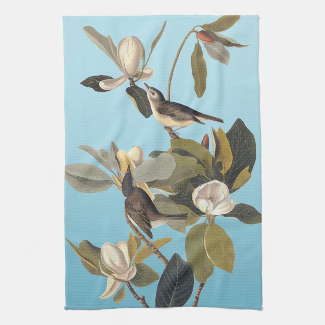 Warbling Flycatcher Kingbirds Vintage Audubon Tea Towel (Vertical)