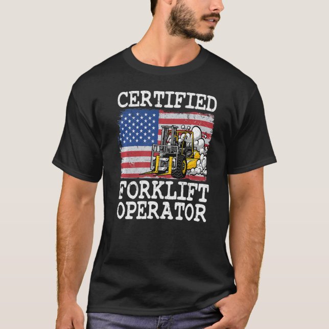 Warehouse American Flag Forklift Certified Forklif T-Shirt (Front)