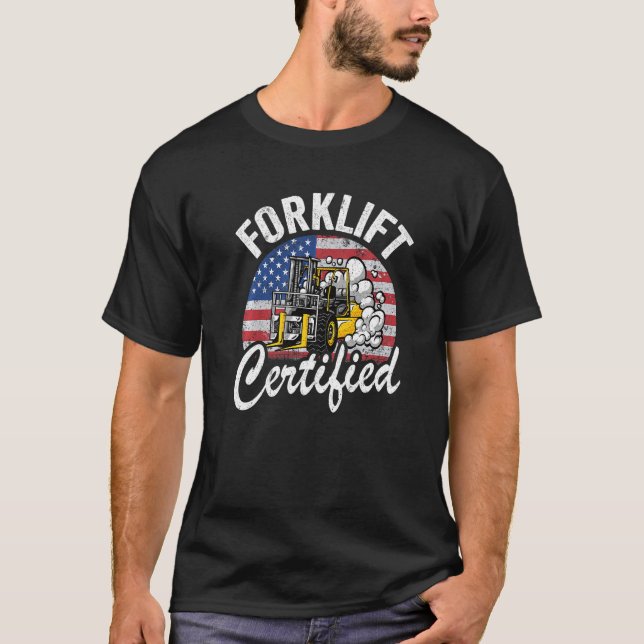 Warehouse American Flag Forklift Operator Forklift T-Shirt (Front)
