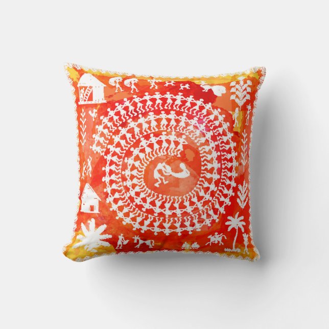 Warli painting - hand drawn traditional the ancien cushion (Front)