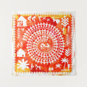Warli painting - hand drawn traditional the ancien tapestry