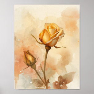 Warm Amber Floral Golden Rose Bloom Watercolor Poster