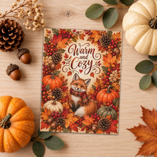Warm and Cosy Fox Pumpkins Fall Illustration Postcard