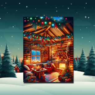 Warm and Cosy Log Cabin Christmas Greetings Postcard