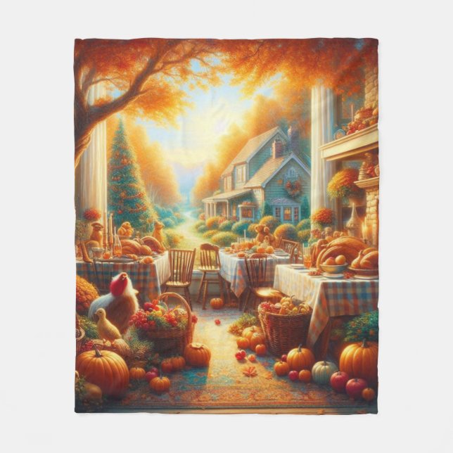 Warm and Cosy Thanksgiving Gathering Fleece Blanket (Front)