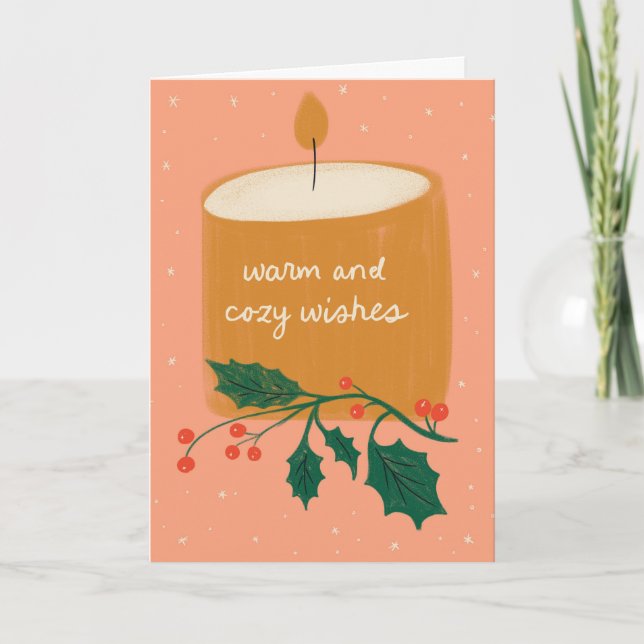 Warm and Cosy Wishes Candle Holiday Greeting Card (Front)
